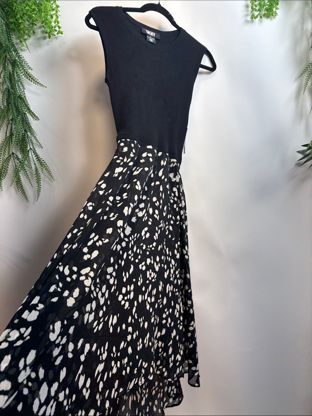 Dkny Black Knit Bodice Midi Dress with White Abstract Print Skirt
